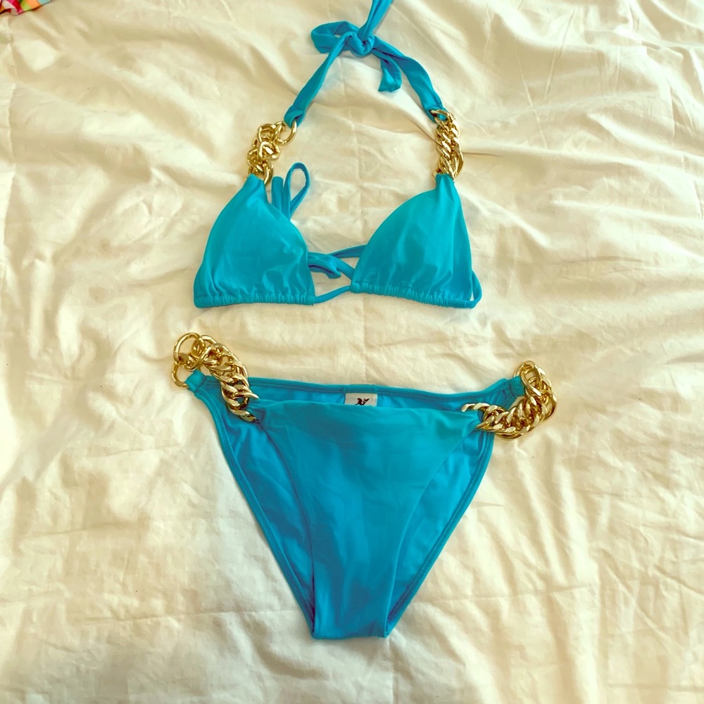 Sauvage blue bikini w/ gold chain links